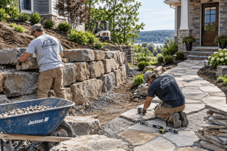 MorrisDirt_Image_002 Two workers build a retaining wall and walkway