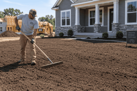 MorrisDirt_Image_001 A grounds worker rakes out new loam for a yard