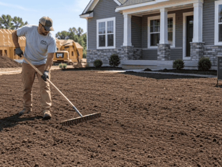 MorrisDirt_Image_001 A grounds worker rakes out new loam for a yard