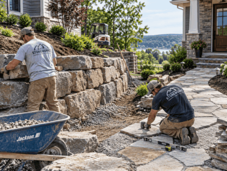 MorrisDirt_Image_002 Two workers build a retaining wall and walkway
