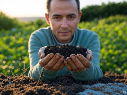 Rich topsoil A man holds a handful of rich soil